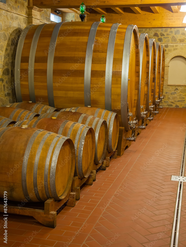 Barrels for storage of wine in the winery cellar
