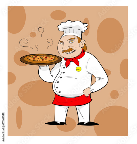 Pizza Chef, a hand drawn vector illustration of a chef holding a pan of pizza, isolated on brown background (editable).