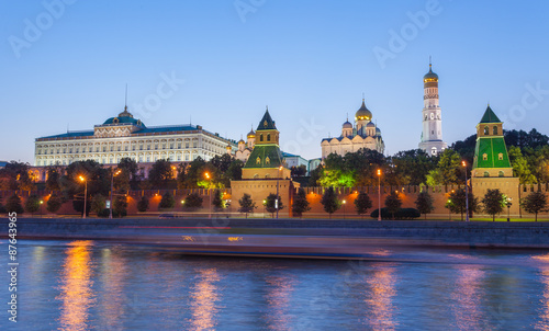 Russia, Moscow, night view of the Moskva River, Bridge and the Kremlin