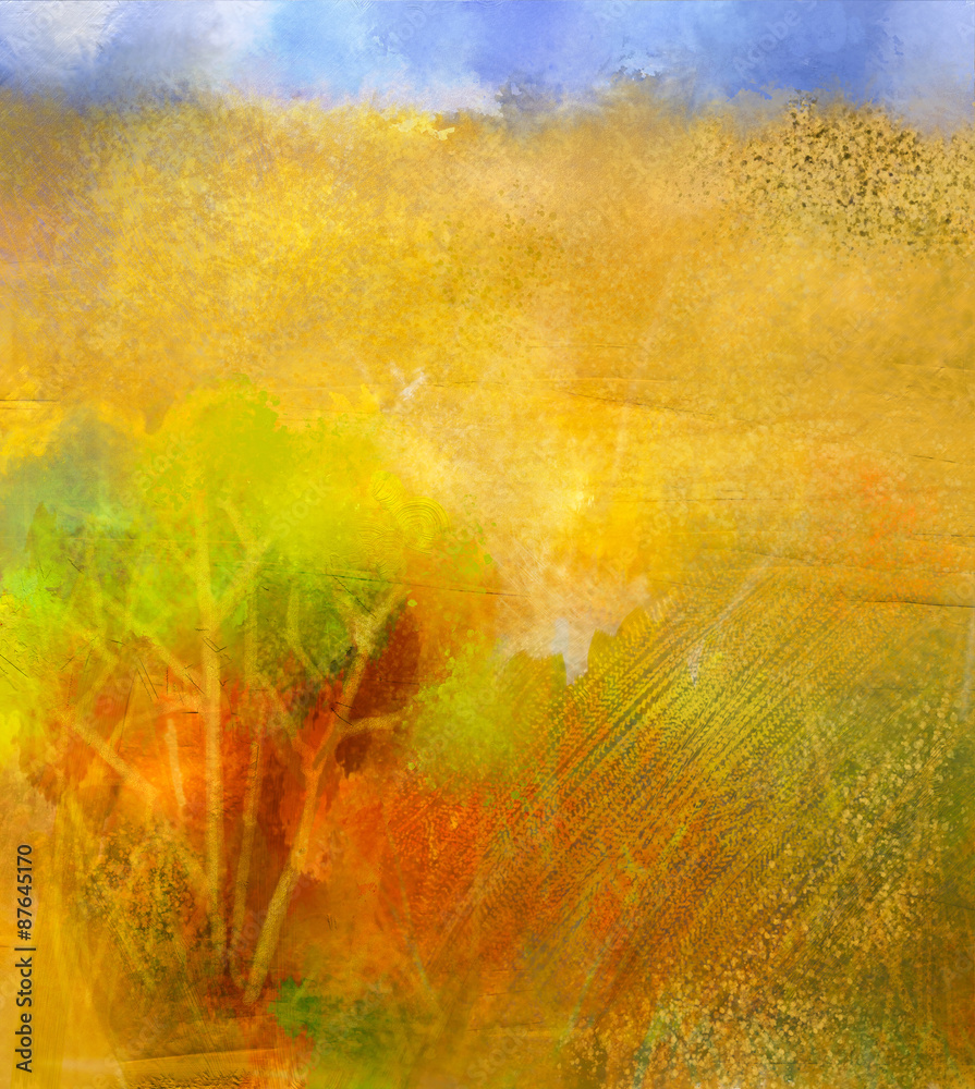 Obraz premium Abstract colorful oil painting landscape on canvas. Semi- abstract image of tree in yellow and green with blue sky. Spring season nature. grunge yellow texture background