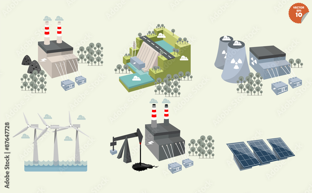 set of different power plant graphics design of different power plant