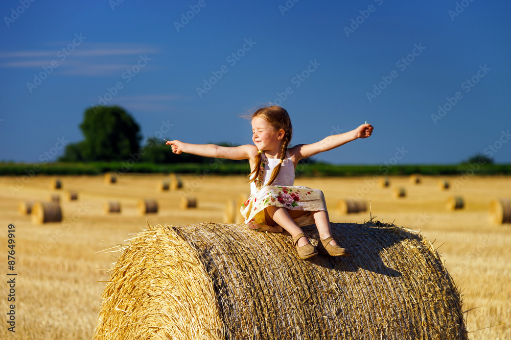 Funny cute little girl posing on the haystack in summer field Funny cute little girl posing on the haystack in summer field