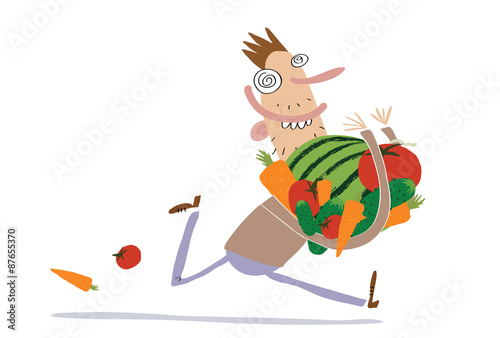 Happy man runs with his rich harvest: tomatoes, cucumbers, carrot and watermelon