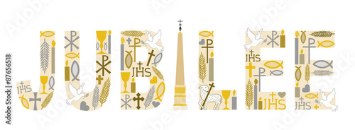 The word "JUBILEE" composed by some Christian symbols to illustrate the Jubilee of Mercy indicted by Pope Francis from 8 December 2015 to 20 November 2016