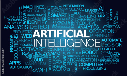 Artificial intelligence (AI) words tag cloud text machines software