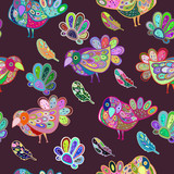 Vector colorful decorative birds seamless pattern with feathers.