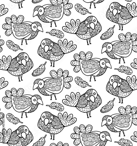 Vector decorative seamless pattern with birds and feathers. Hand