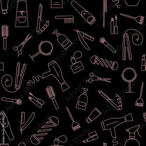 Beauty salon seamless pattern. Barber shop linear icons on black background