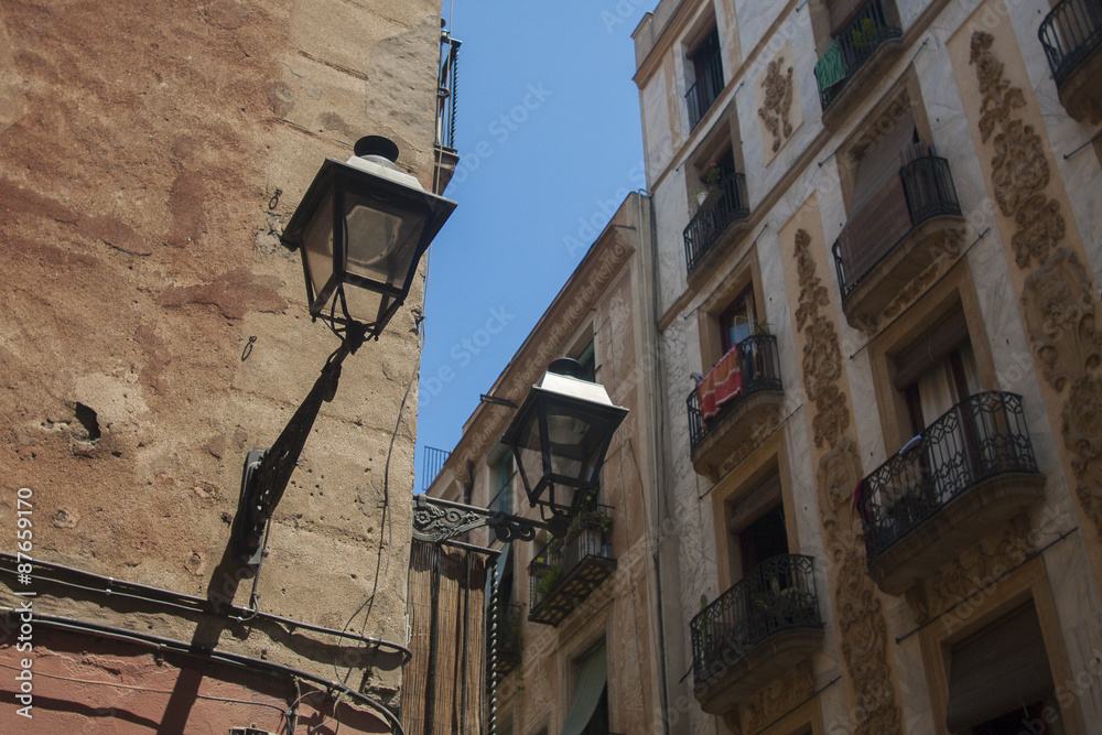 antique vintage lantern on old house in barcelona