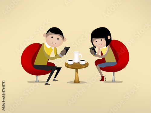 man and woman are using smartphone during dating