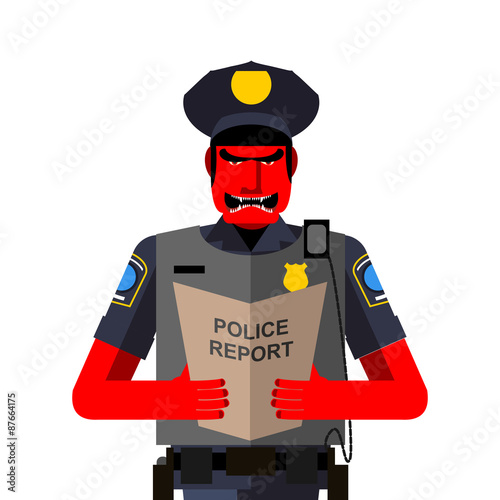 Angry policeman shouts. Dreaded red man in a uniform. Vector ill