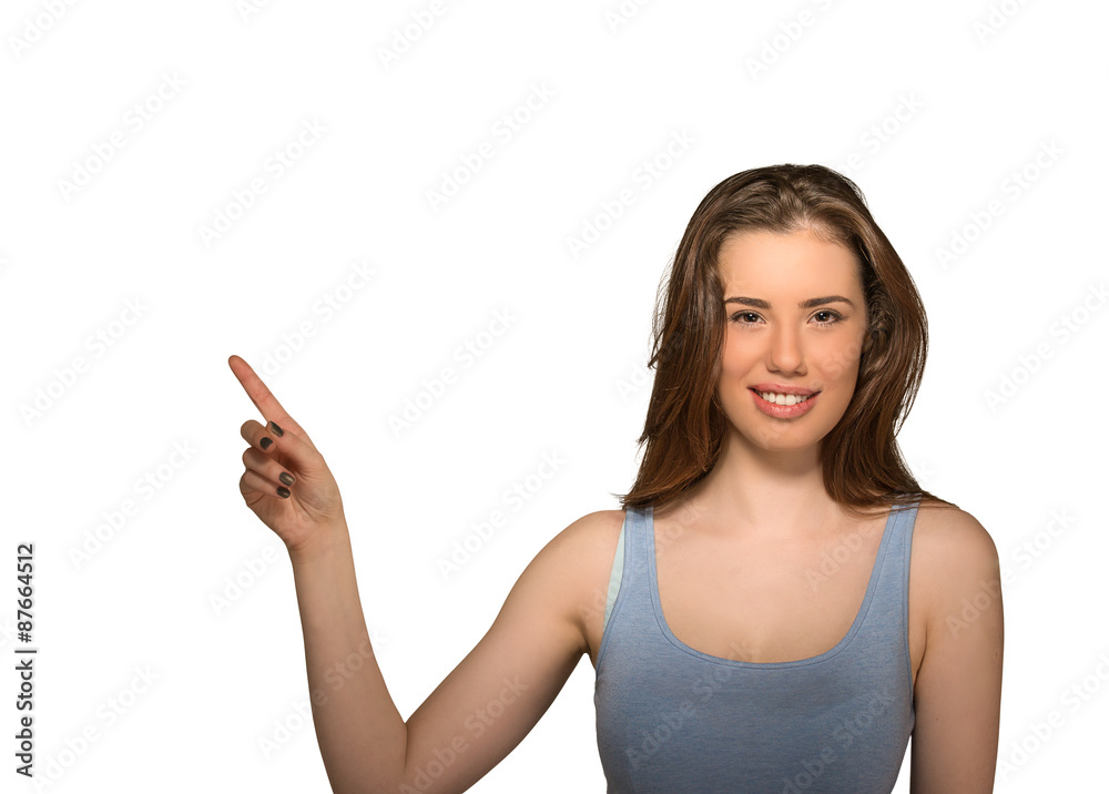 beautiful woman pointing with finger up to side at empty copy space beautiful woman pointing with finger up to side at empty copy space