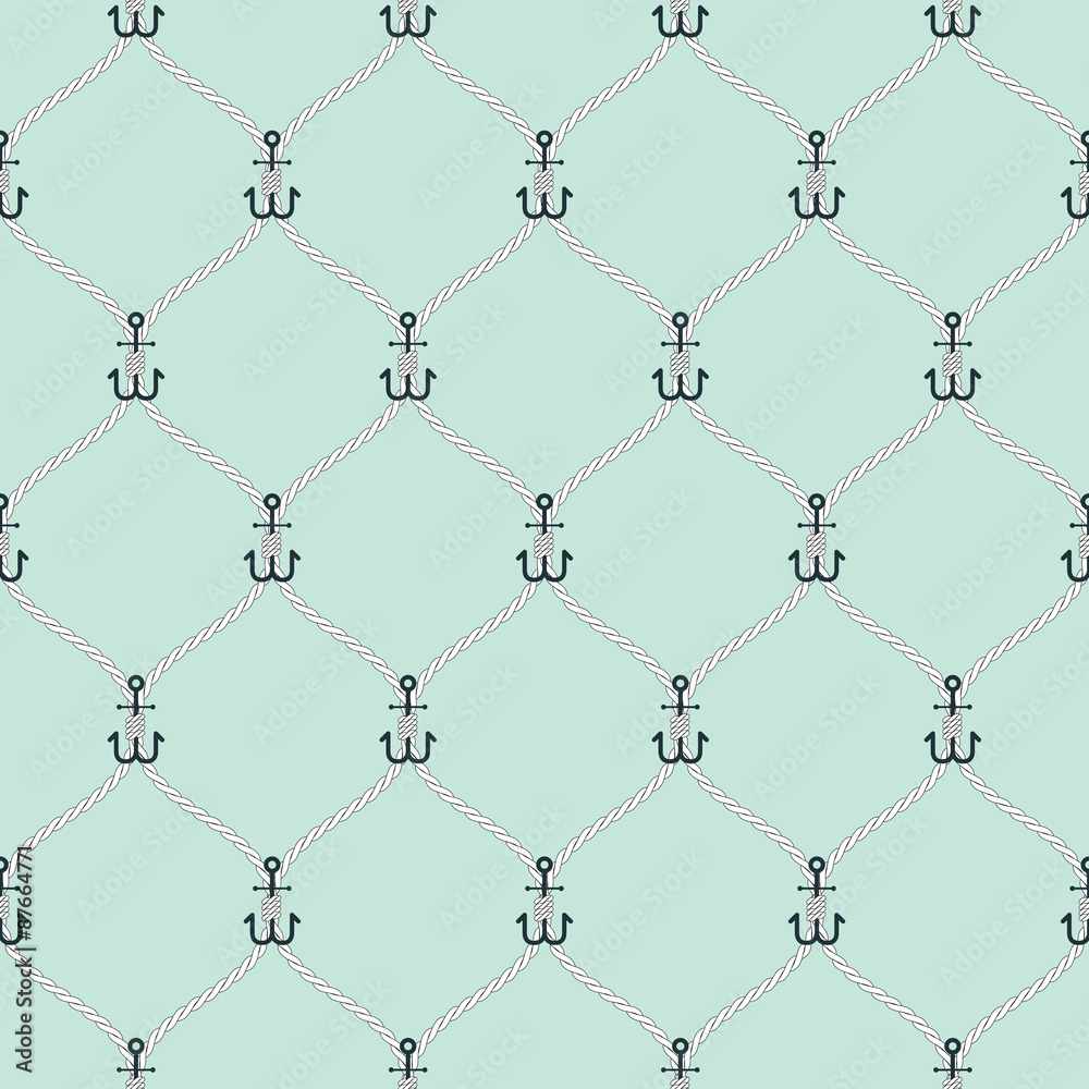 Nautical rope and small anchors seamless fishnet pattern Nautical rope and small anchors seamless fishnet pattern