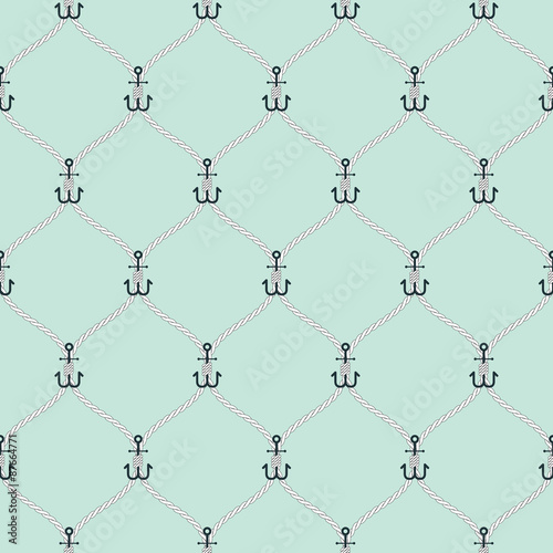 Nautical rope and small anchors seamless fishnet pattern
