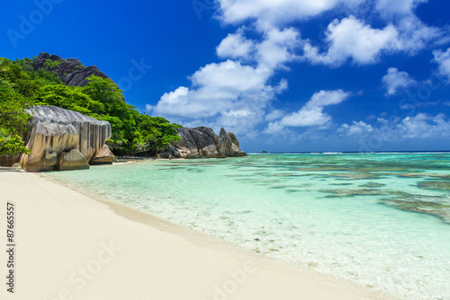 Anse Source d Argent - Beautiful beach on tropical island La Digue in Seychelles