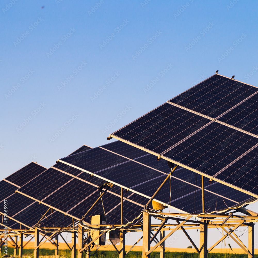 Solar panels on the background field and blue sky Solar panels on the background field and blue sky