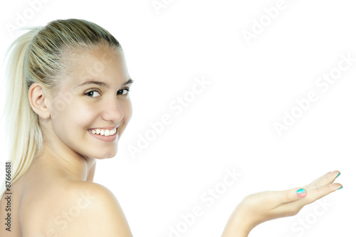Beautiful young woman holding an imaginary object
