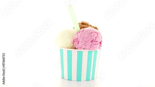 Ice cream scoop in paper cup on white background.