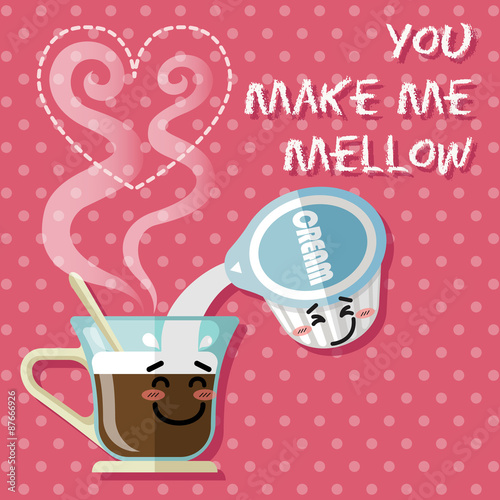 smiling cartoon on coffee cup and coffee creamer