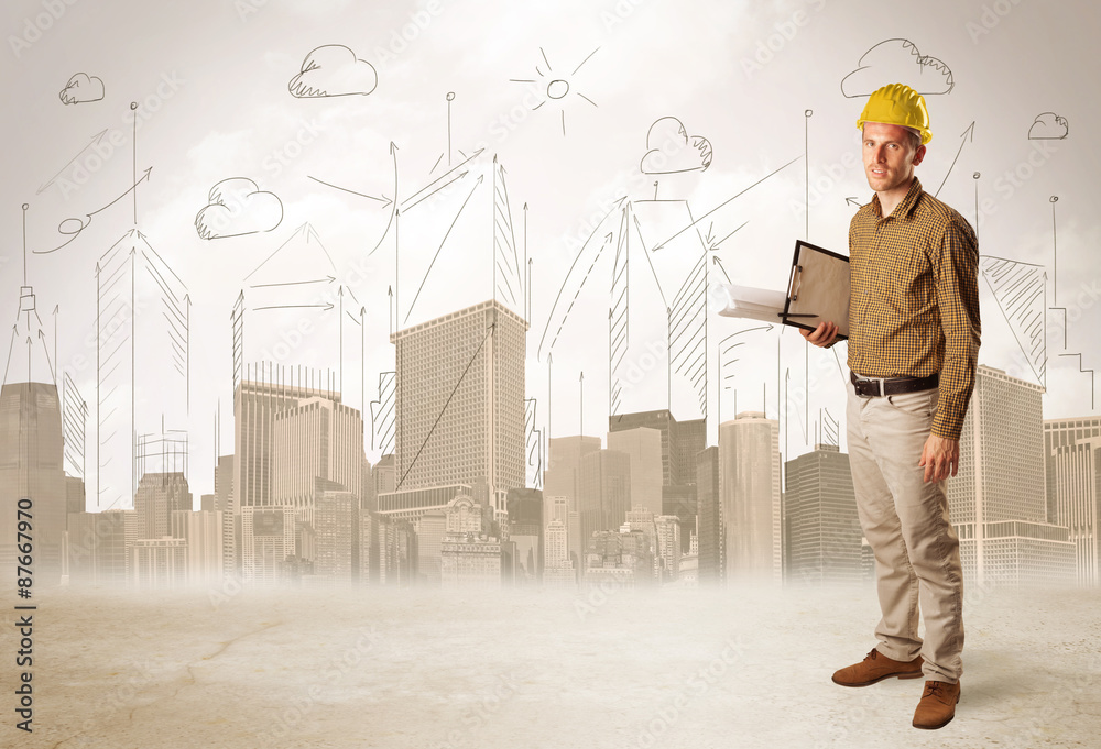 Business engineer planing at construction site with city backgro