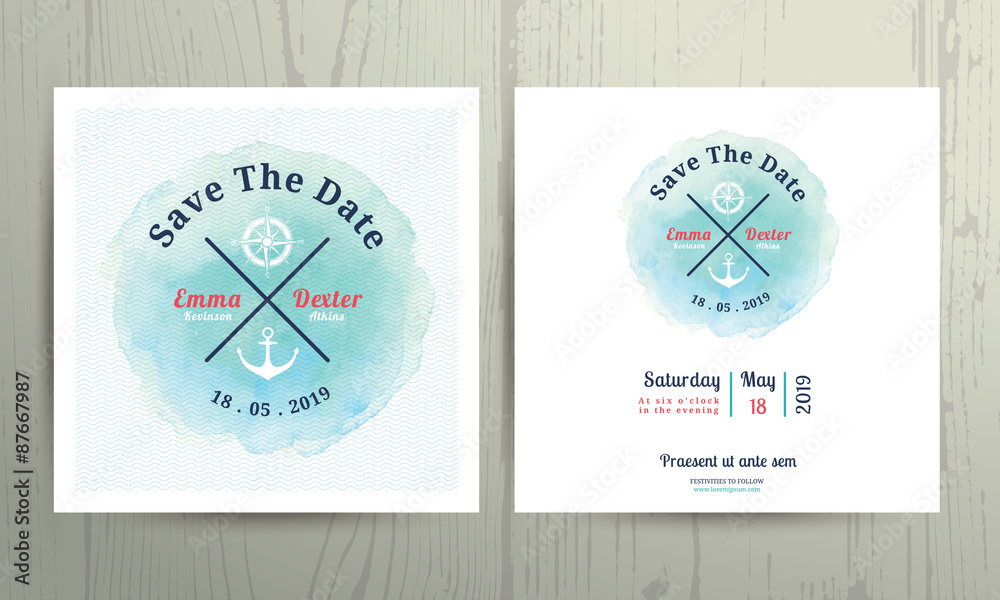 Naklejka premium Nautical water colour wedding invitation card template set