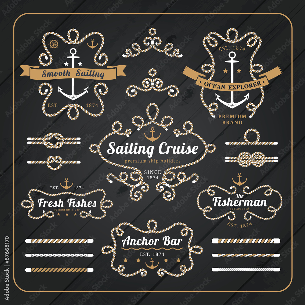 Vintage nautical rope frame labels set on dark wood background