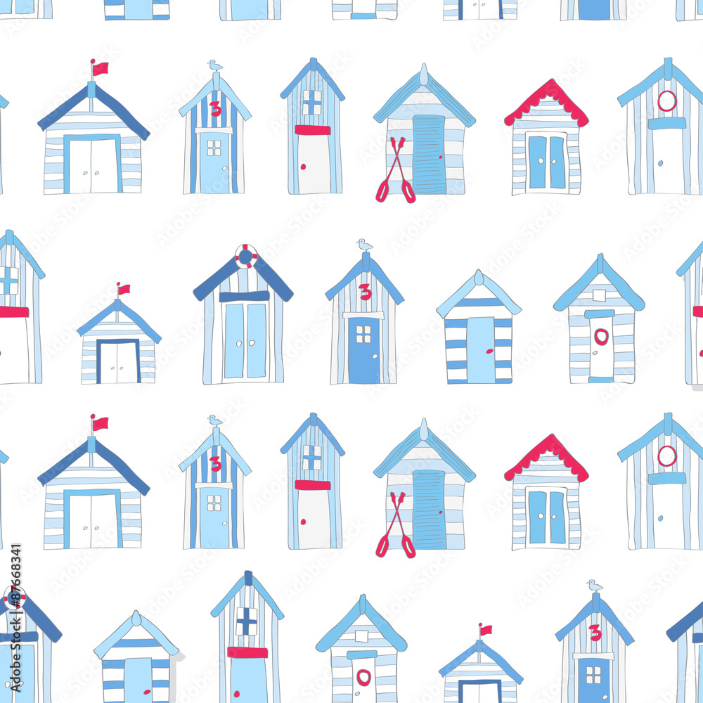 Fototapeta premium Hand Drawn Blue and Red Beach huts in a repeat pattern