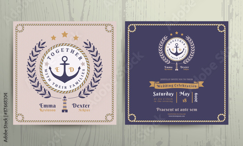 Vintage nautical wreath and rope frame wedding invitation card template