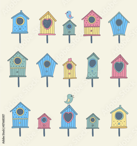 A set of hand drawn bird houses