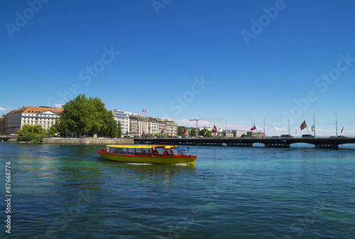 View of Geneva Lake with boat transportation in Geneva Harbor,Switzerland