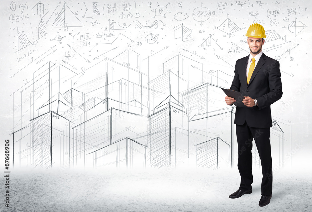Handsome construction specialist with city drawing in background Handsome construction specialist with city drawing in background