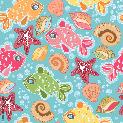 Vector cute seamless fish pattern with starfish, bubbles, shells. photo