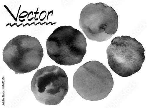Grunge black watercolor painted circle backgrounds. Vector watercolor blots.