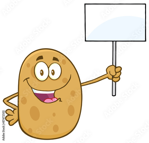 Happy Potato Cartoon Character Holding Up A Blank Sign