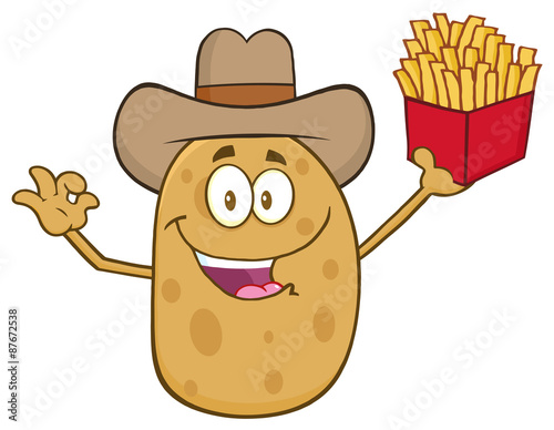 Cowboy Potato Character Gesturing Ok And Holding A French Fries