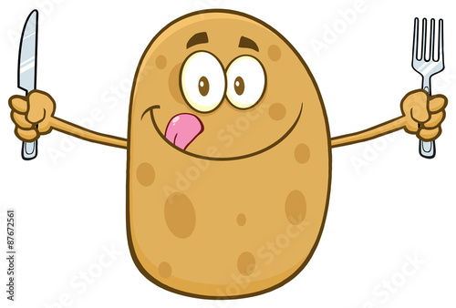 Hungry Potato Cartoon Character With Knife And Fork
