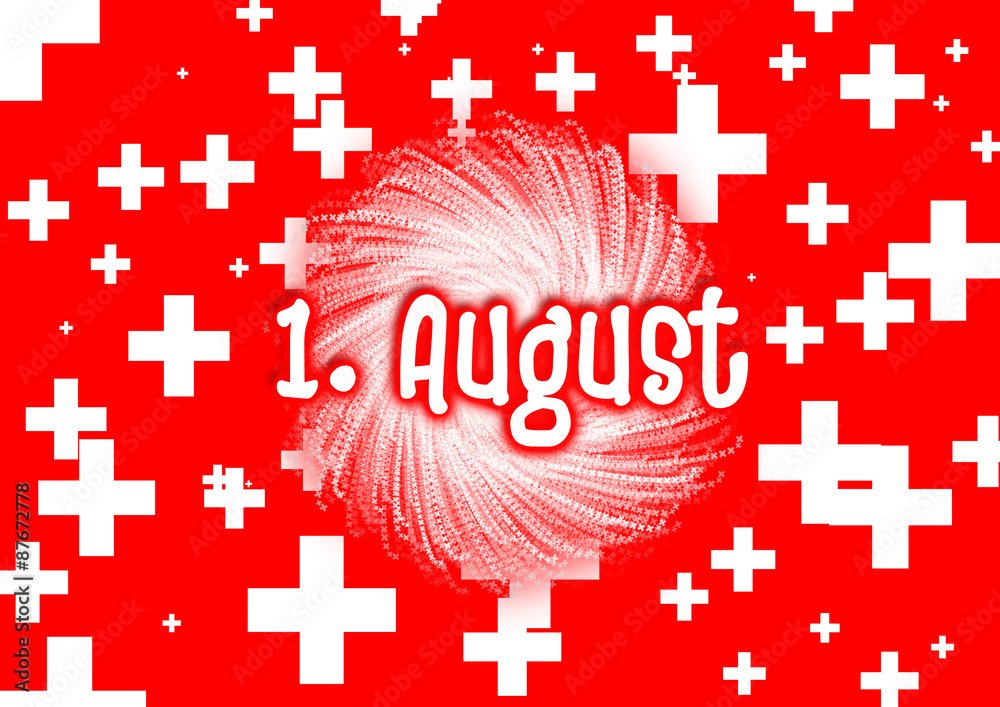 1. August / Schweizer Nationalfeiertag mit Feuerwerk und Text Stock