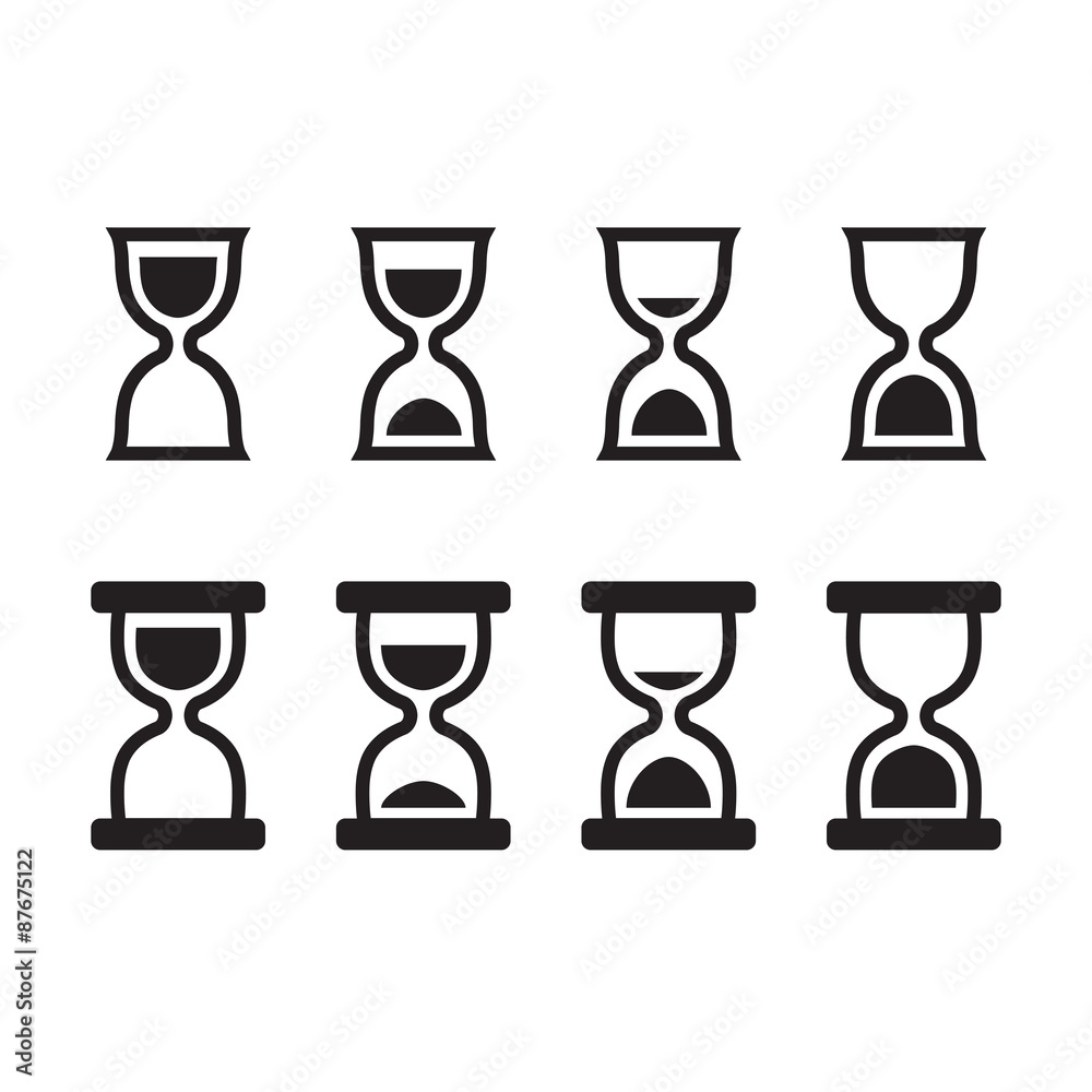 Set of hourglass icons in two styles, four states of sand position. Simple and clean line icons.