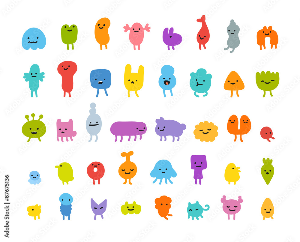 Set of cute little cartoon monsters with different shapes, colors and facial expressions.