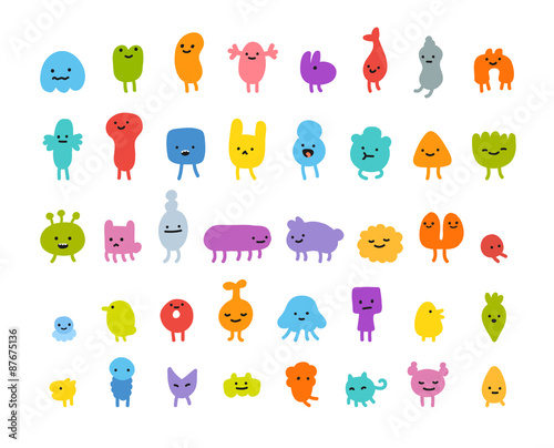 Set of cute little cartoon monsters with different shapes, colors and facial expressions.