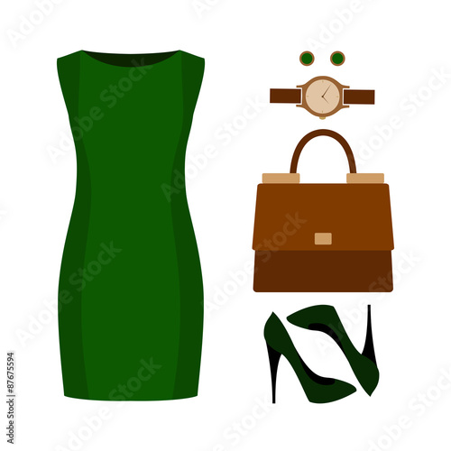 Set of trendy women's clothes with green dress and accessories