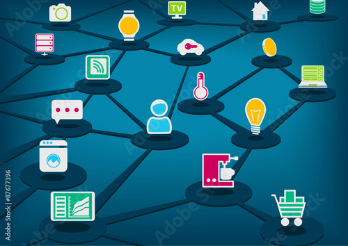 Internet of Things (IoT) vector illustration with connected devices. Dark blue background.