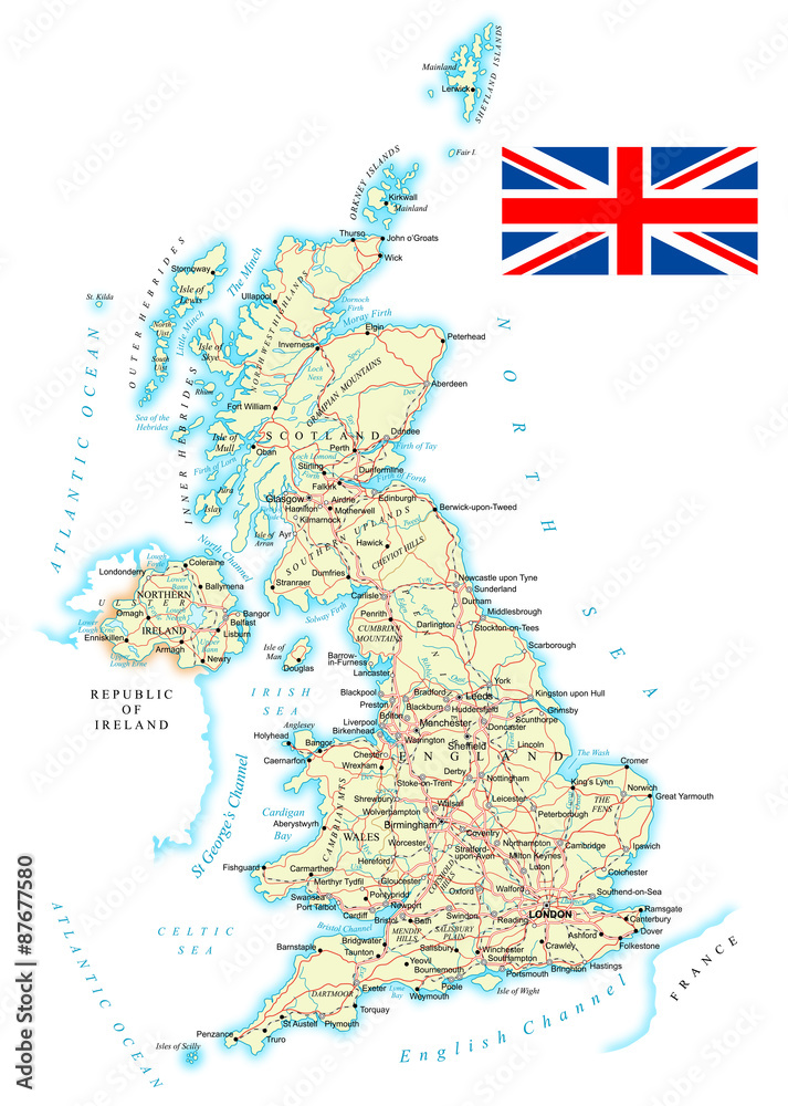 United Kingdom detailed map illustration. Map contains topographic