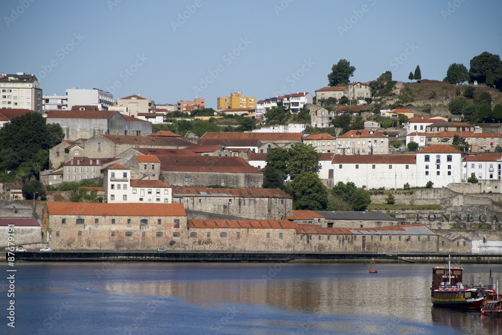 Old warehouses for storage and aging of port wine line the Duoro River.Oporto,Portugal