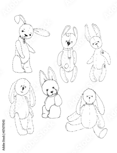 Set ink illustration of teddy bunnies