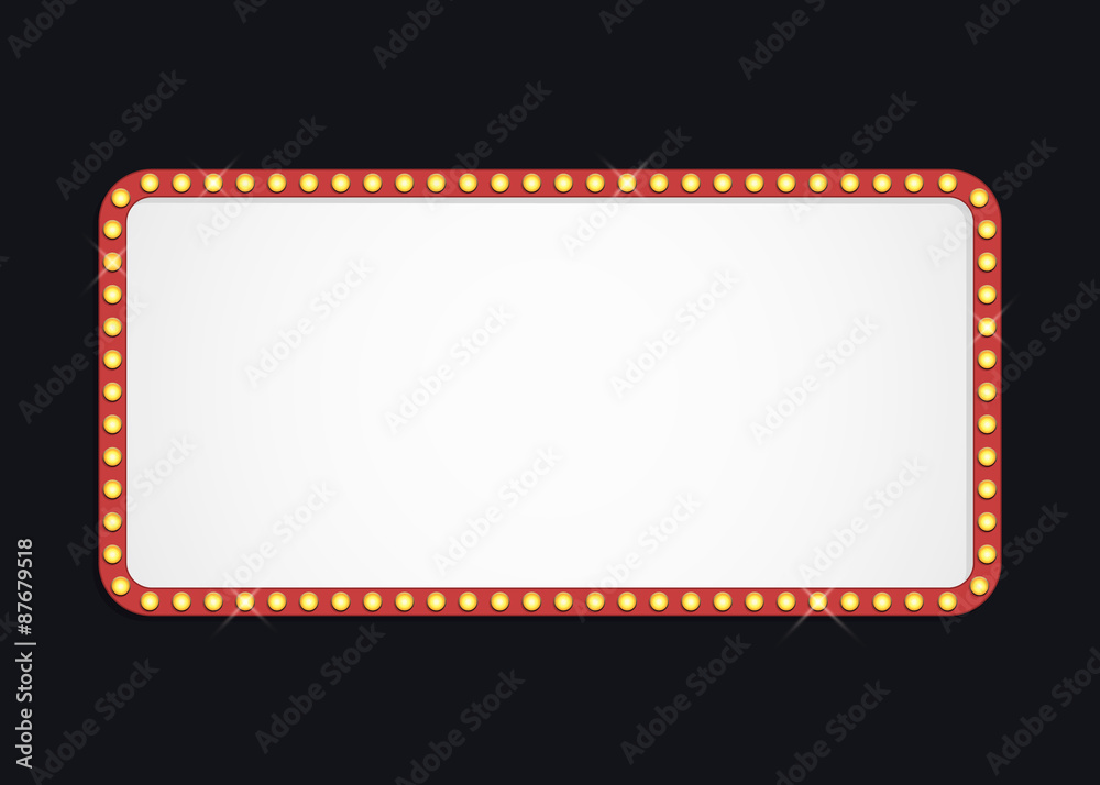 Glowing cinema signboard with light bulbs on the contour. Isolated on black background.