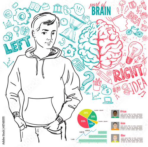 Creative brain Idea. Vector concept. Textured background. Sciences and arts. Back to school icons. Left and right brain functions.