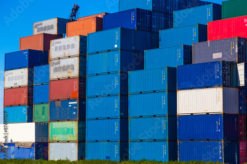 Blue containers stacked in Port of Rotterdam