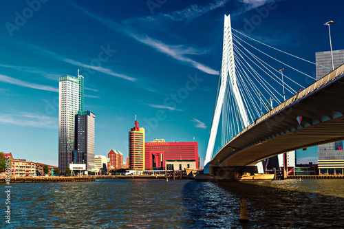 Vintage view on Erasmus Bridge in Rotterdam