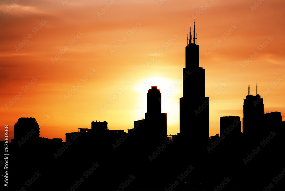 Chicago city downtown urban skyline at dusk on the Sunset